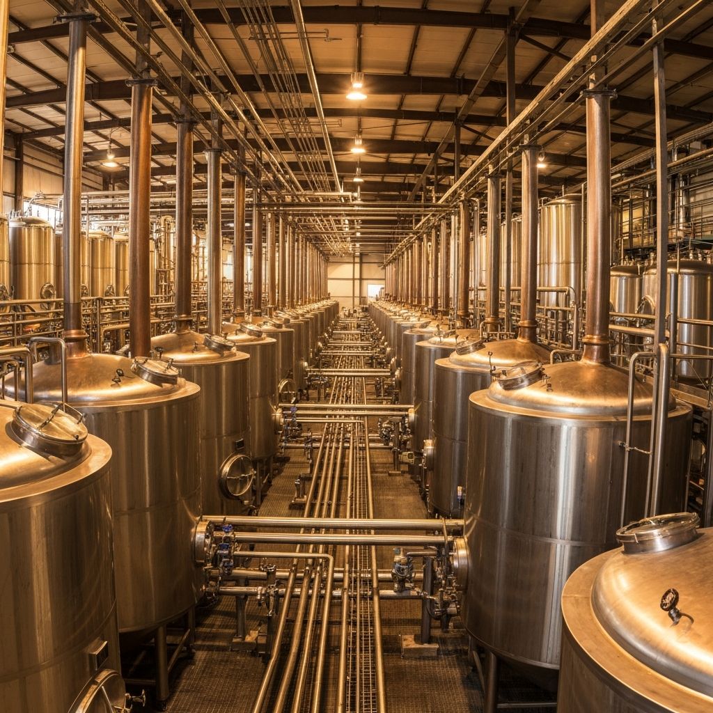 Large industrial brewery with stainless steel fermentation tanks