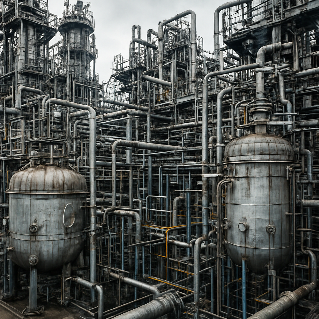 Chemical processing plant with reactor vessels and piping
