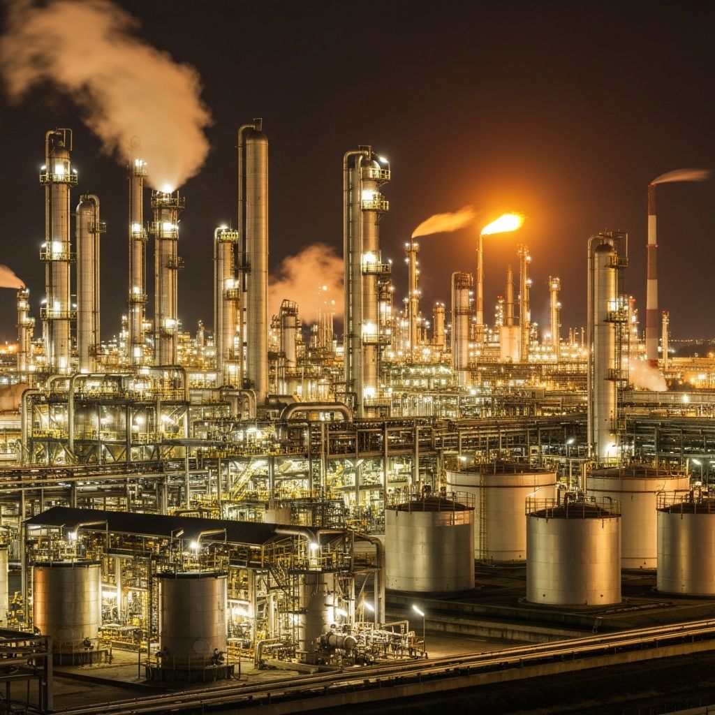 Oil refinery distillation columns illuminated at night