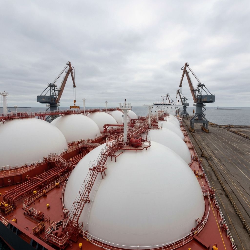 LNG carrier tanker docked at an industrial port terminal