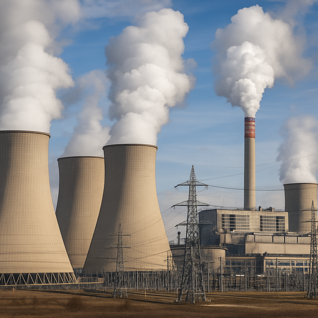 Thermal power plant with cooling towers and electrical infrastructure